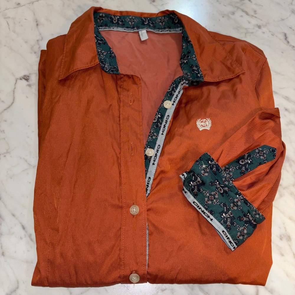 Cinch Womens XL Burnt Orange Rust Paisley Trim Button Down WesternShirt Long Slv